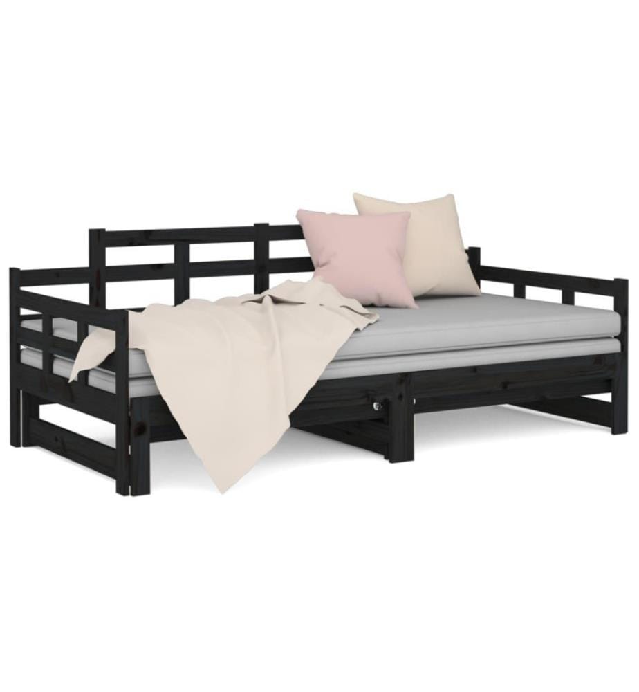 Lit coulissant Noir Bois de pin solide 2x(90x200) cm