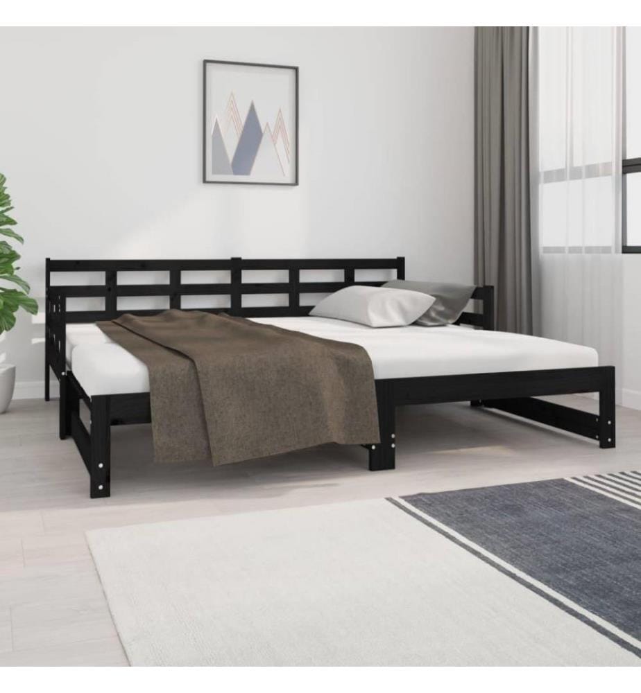 Lit coulissant Noir Bois de pin solide 2x(90x190) cm