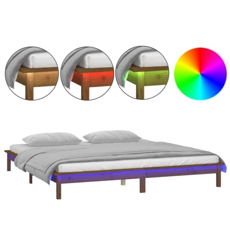 Cadre de lit à LED Marron miel 135x190 cm Double Bois massif