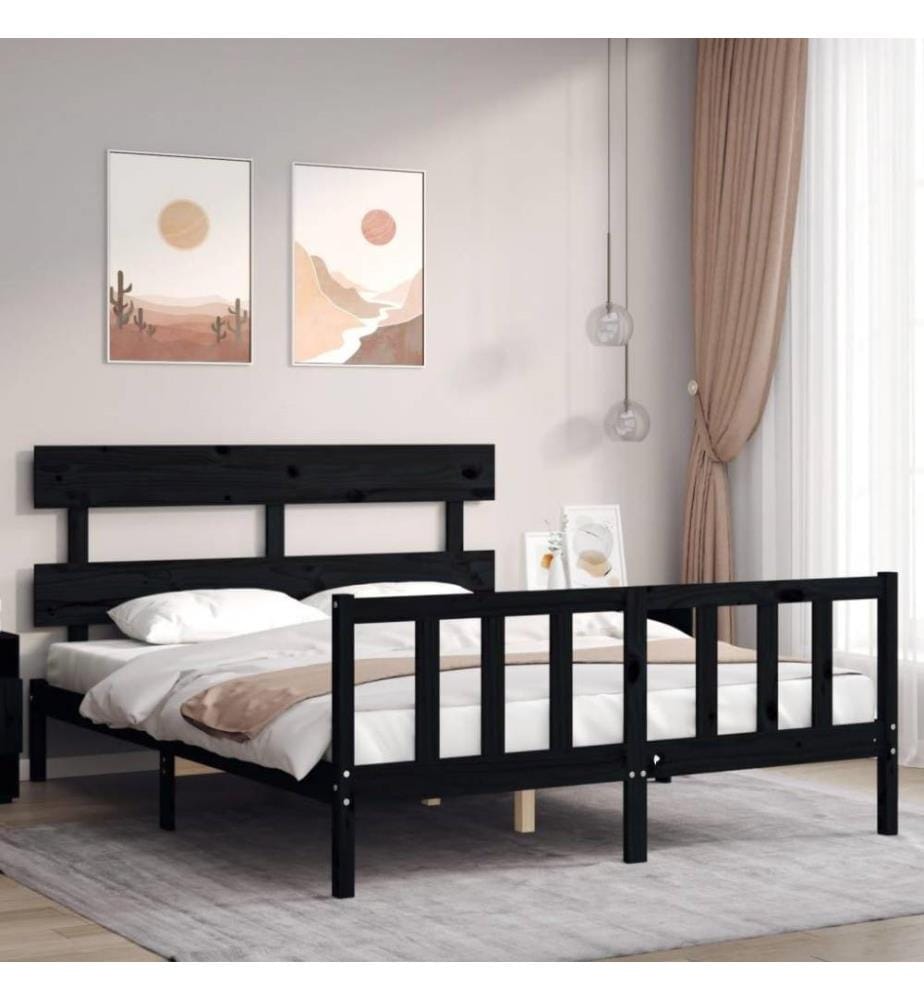 Massivholzbett mit Kopfteil Schwarz 5FT King Size