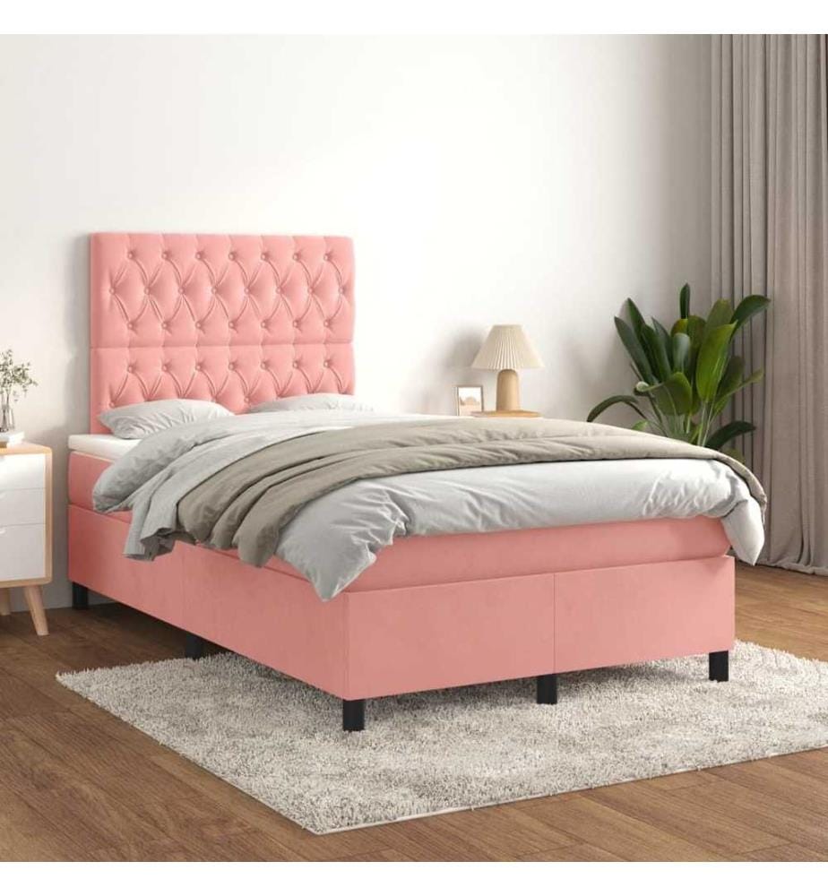 Sommier à lattes de lit avec matelas rose 120x190 cm velours