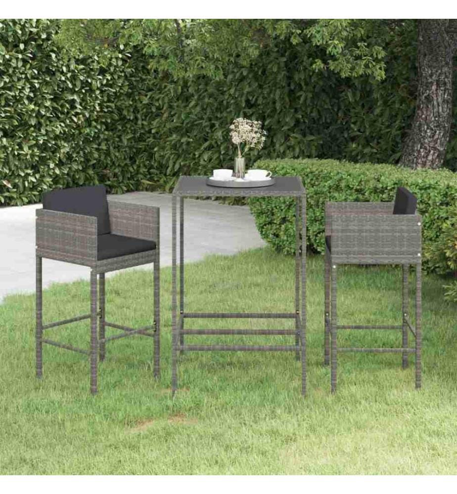 3-tlg. Gartenbar-Set mit Kissen Poly Rattan Grau