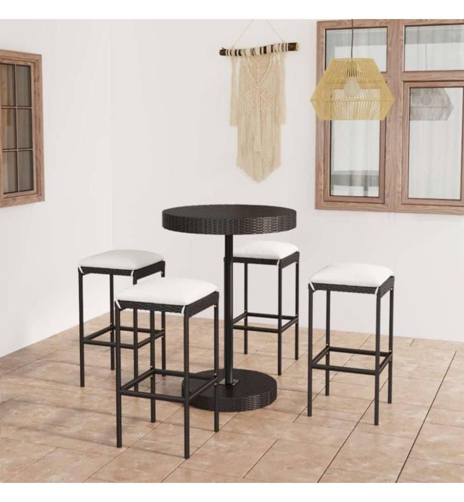 5-tlg. Gartenbar-Set mit Kissen Poly Rattan Schwarz