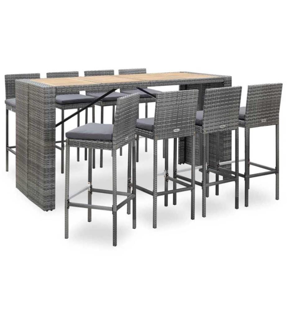 9-tlg. Garten-Bar-Set Poly Rattan und Akazienholz Grau