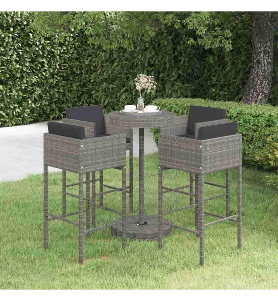 5-tlg. Gartenbar-Set mit Kissen Poly Rattan Grau