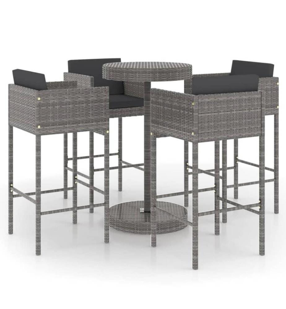 5-tlg. Gartenbar-Set mit Kissen Poly Rattan Grau