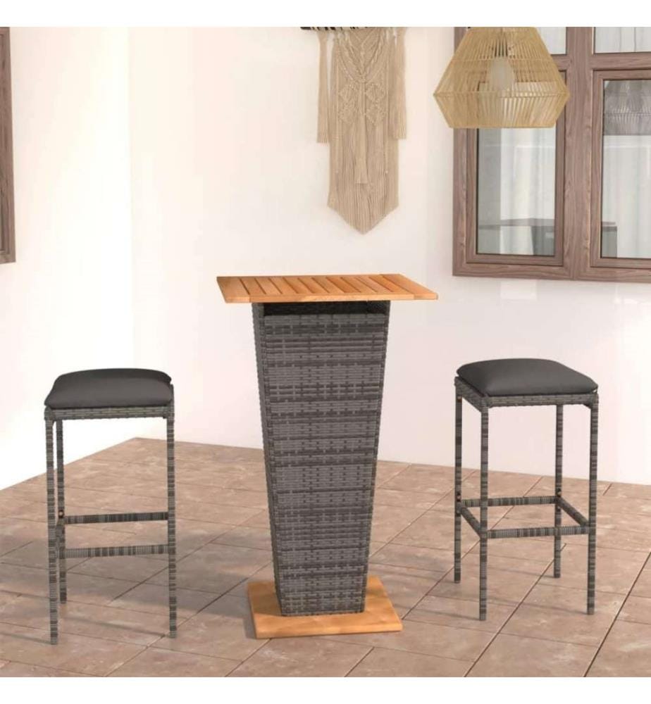 3-tlg. Gartenbar-Set mit Kissen Poly Rattan Grau