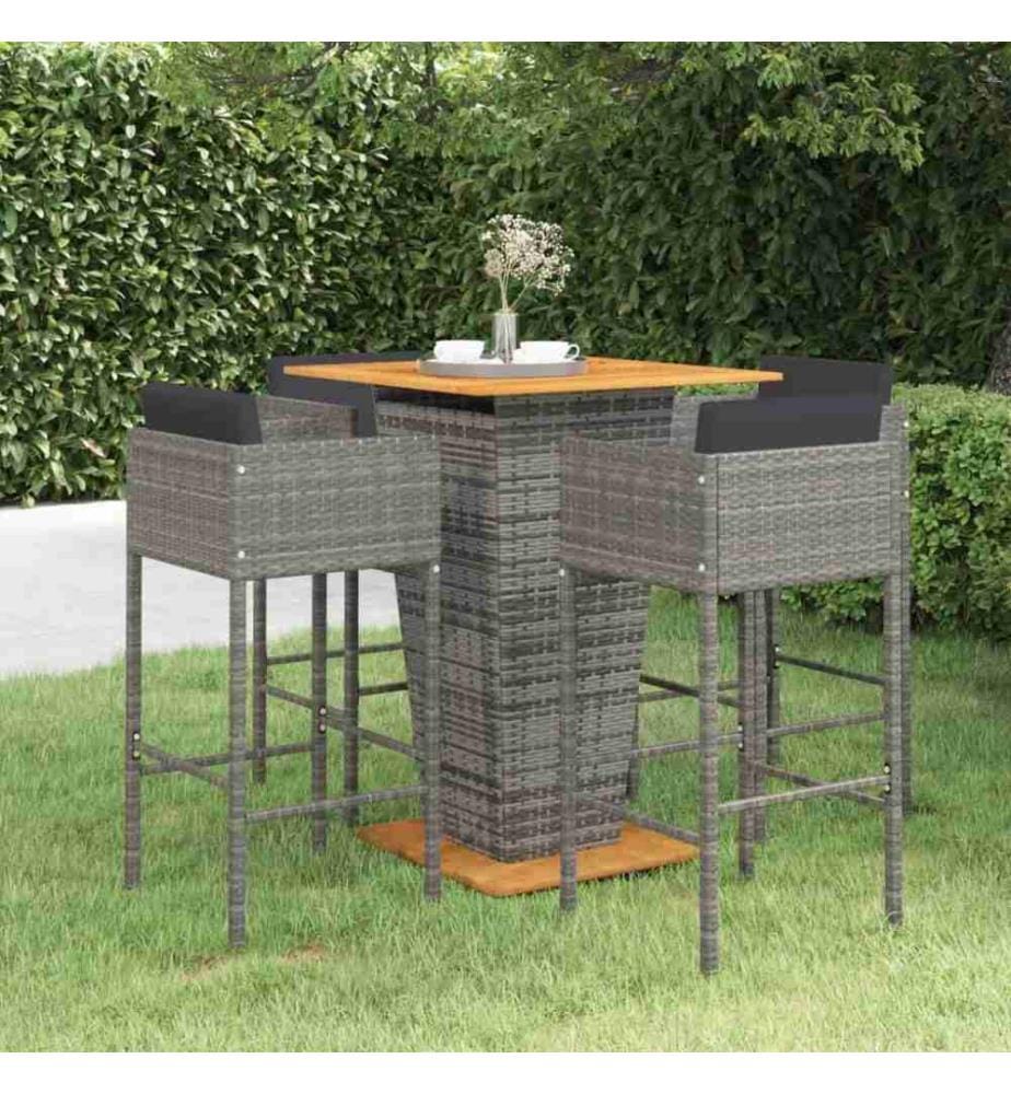5-tlg. Gartenbar-Set mit Kissen Poly Rattan Grau