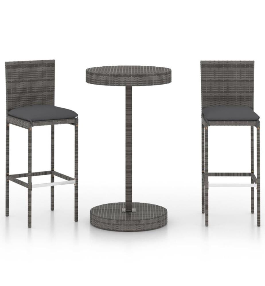 3-tlg. Gartenbar-Set mit Kissen Poly Rattan Grau
