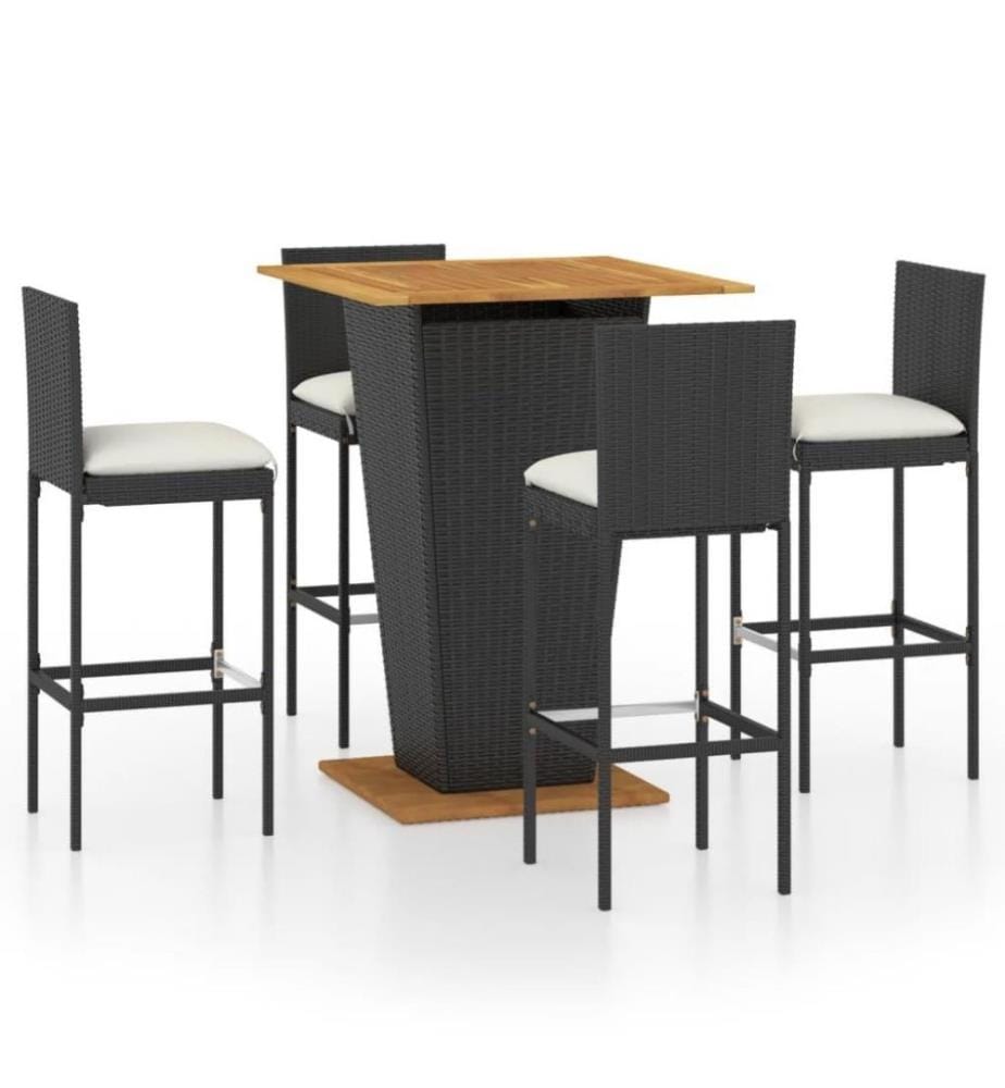 5-tlg. Gartenbar-Set mit Kissen Poly Rattan Schwarz