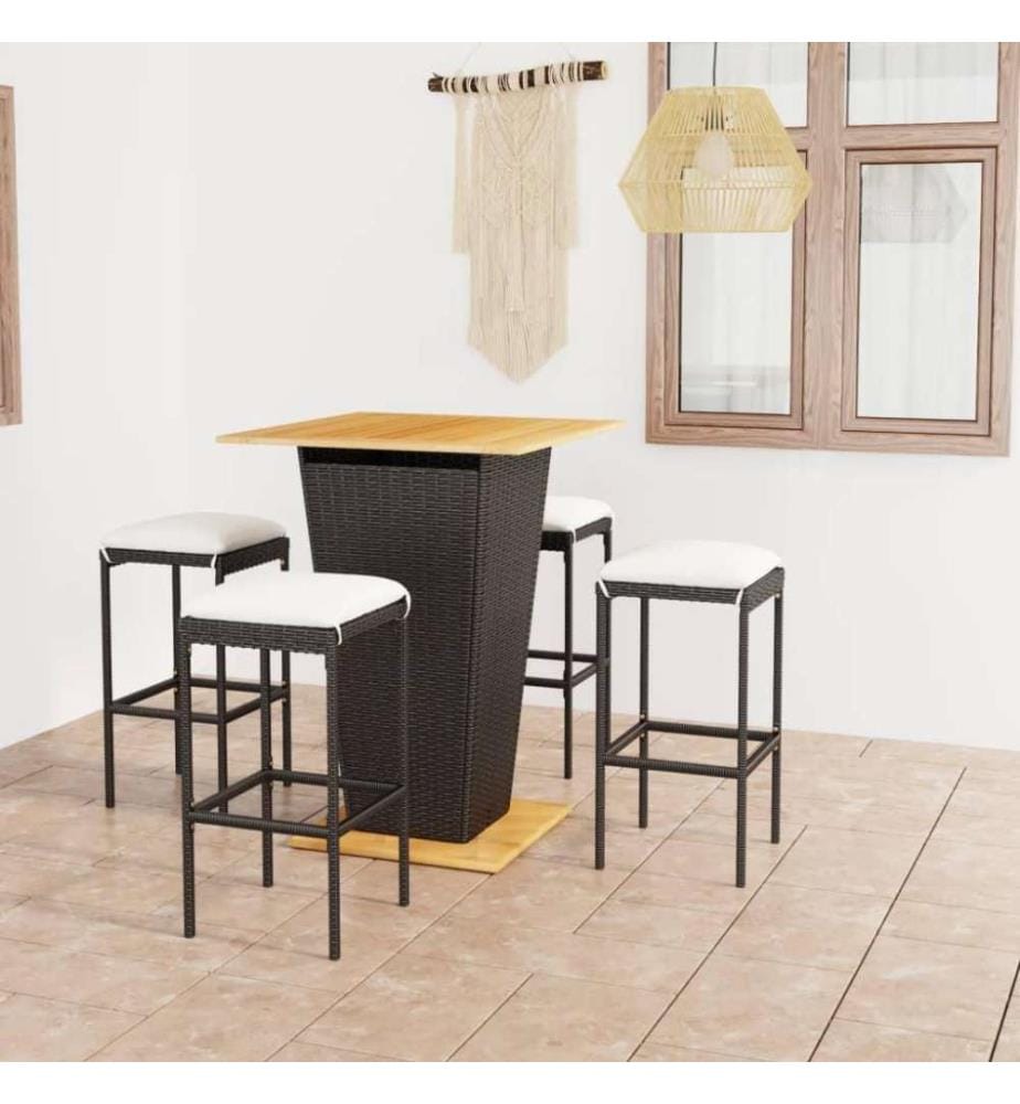 Ensemble de bar de jardin 5 pcs et coussins Résine tressée Noir