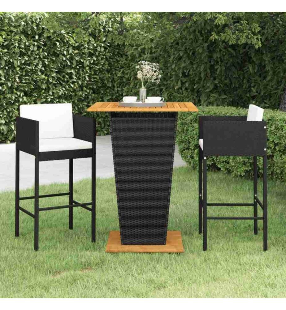 3-tlg. Gartenbar-Set mit Kissen Poly Rattan Schwarz