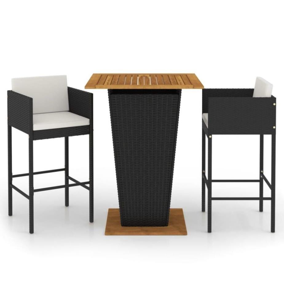 3-tlg. Gartenbar-Set mit Kissen Poly Rattan Schwarz