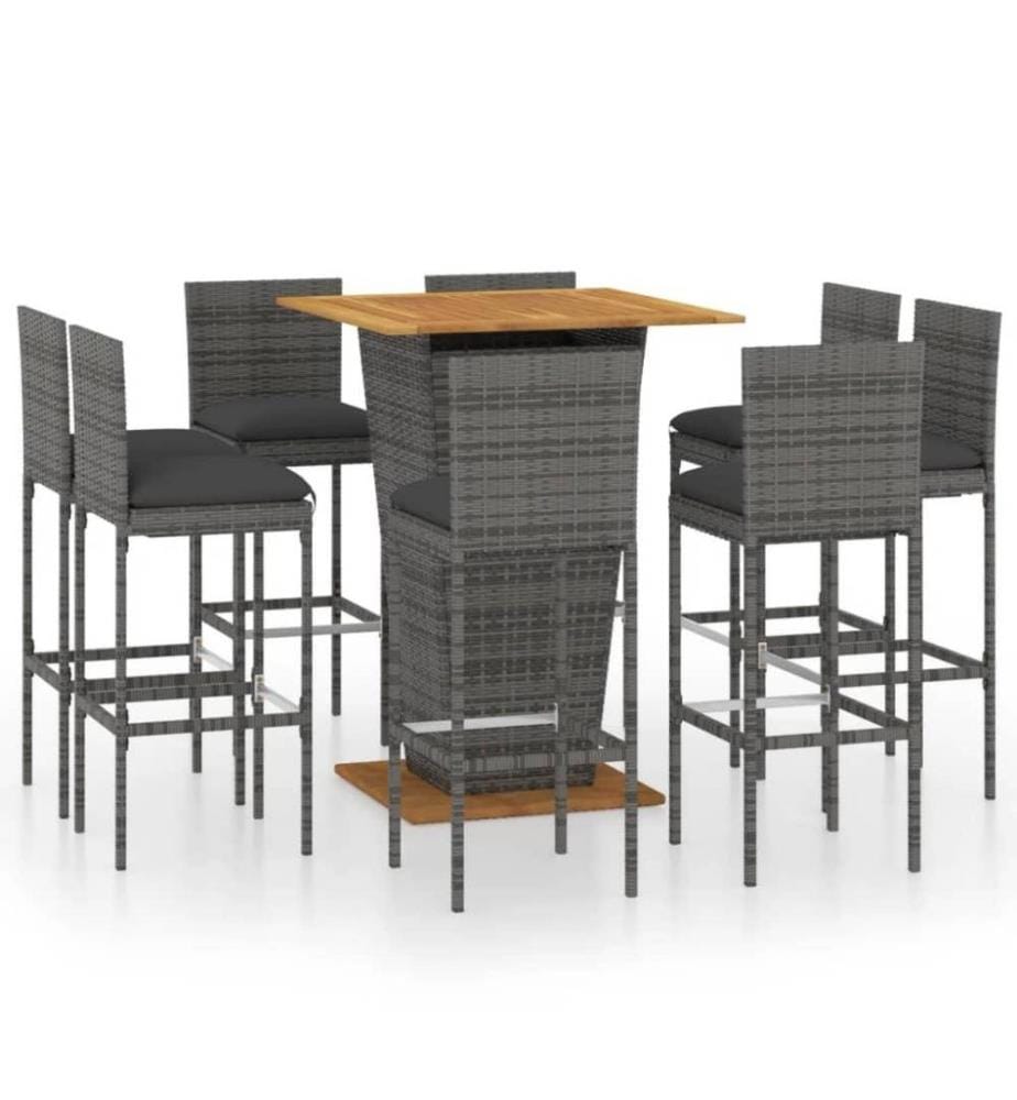 9-tlg. Gartenbar-Set mit Kissen Poly Rattan Grau