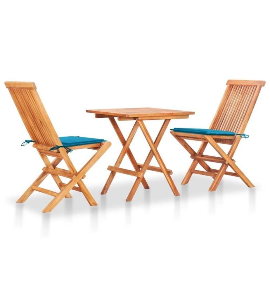 Ensemble de bistro 3 pcs avec coussins bleu Bois de teck massif
