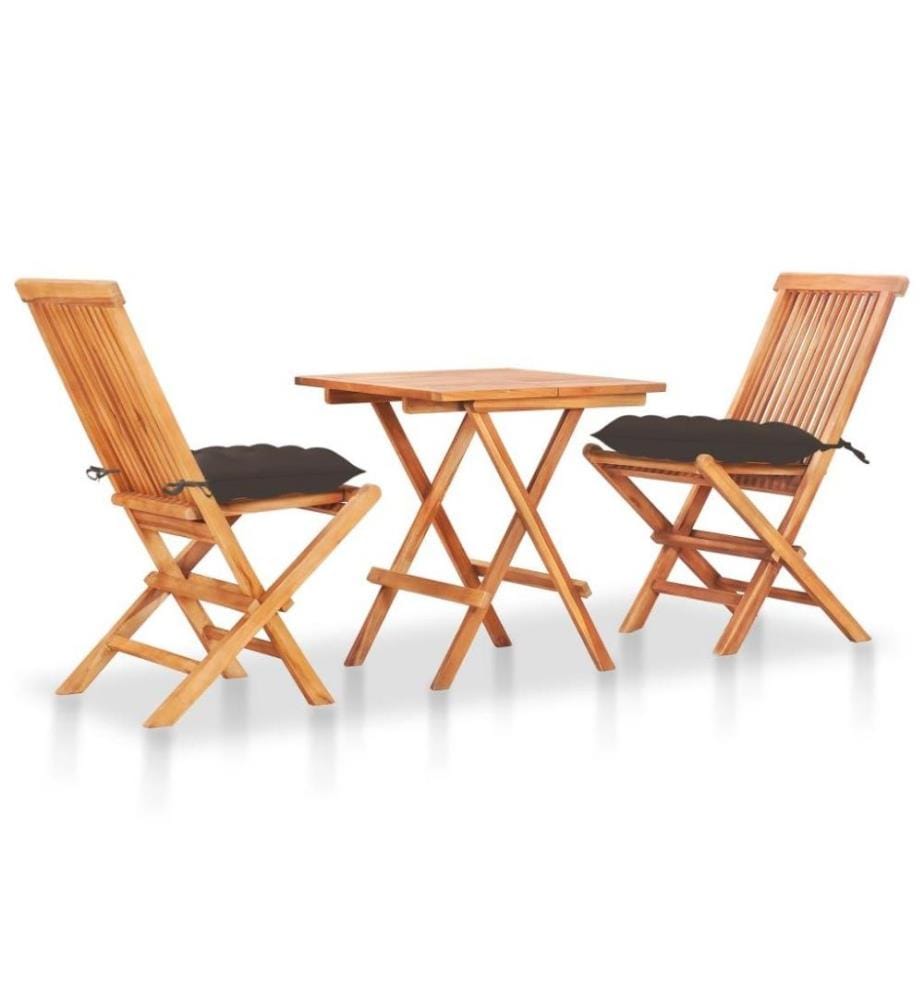 3-tlg. Bistro-Set mit Taupe Kissen Massivholz Teak