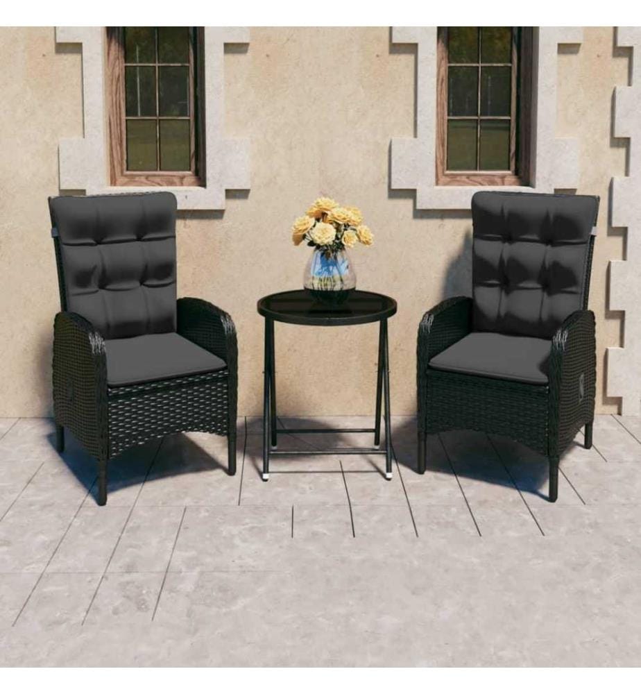 3-tlg. Bistro-Set Poly Rattan und Glas Schwarz
