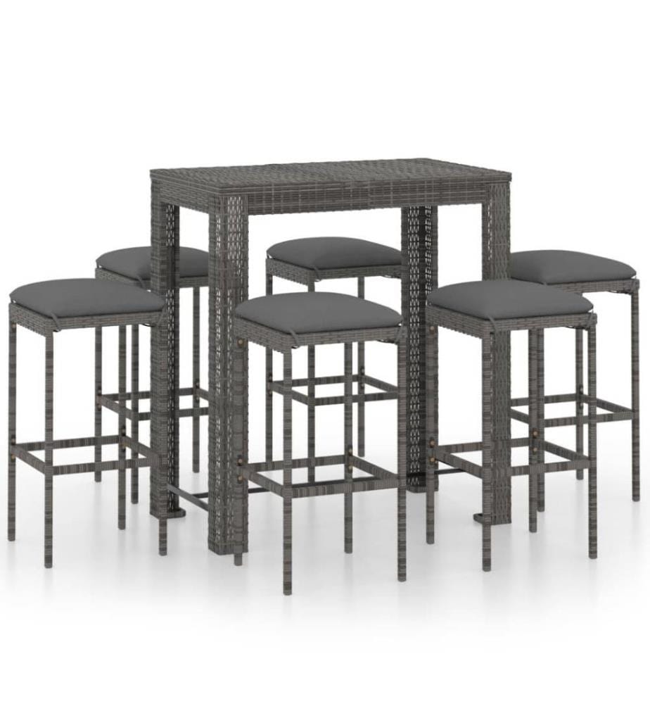 7-tlg. Gartenbar-Set mit Kissen Poly Rattan Grau