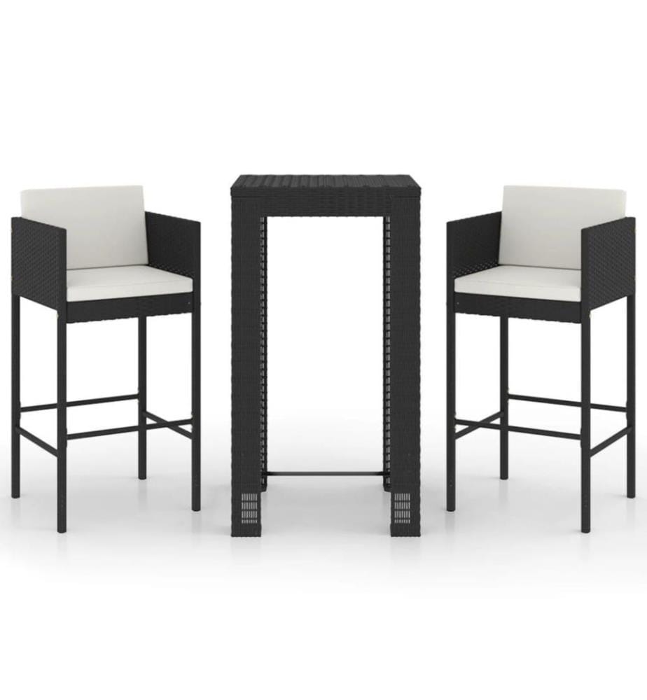 3-tlg. Gartenbar-Set mit Kissen Poly Rattan Schwarz
