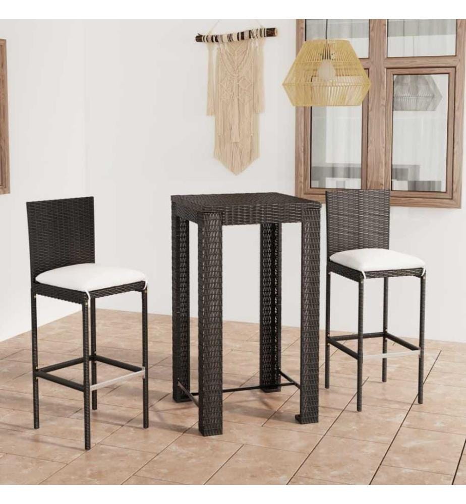 3-tlg. Gartenbar-Set mit Kissen Poly Rattan Schwarz