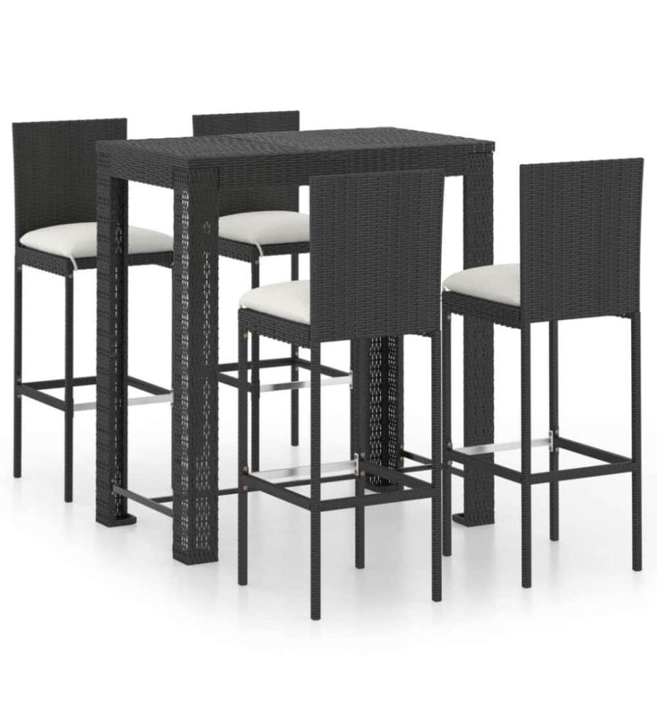 5-tlg. Gartenbar-Set mit Kissen Poly Rattan Schwarz