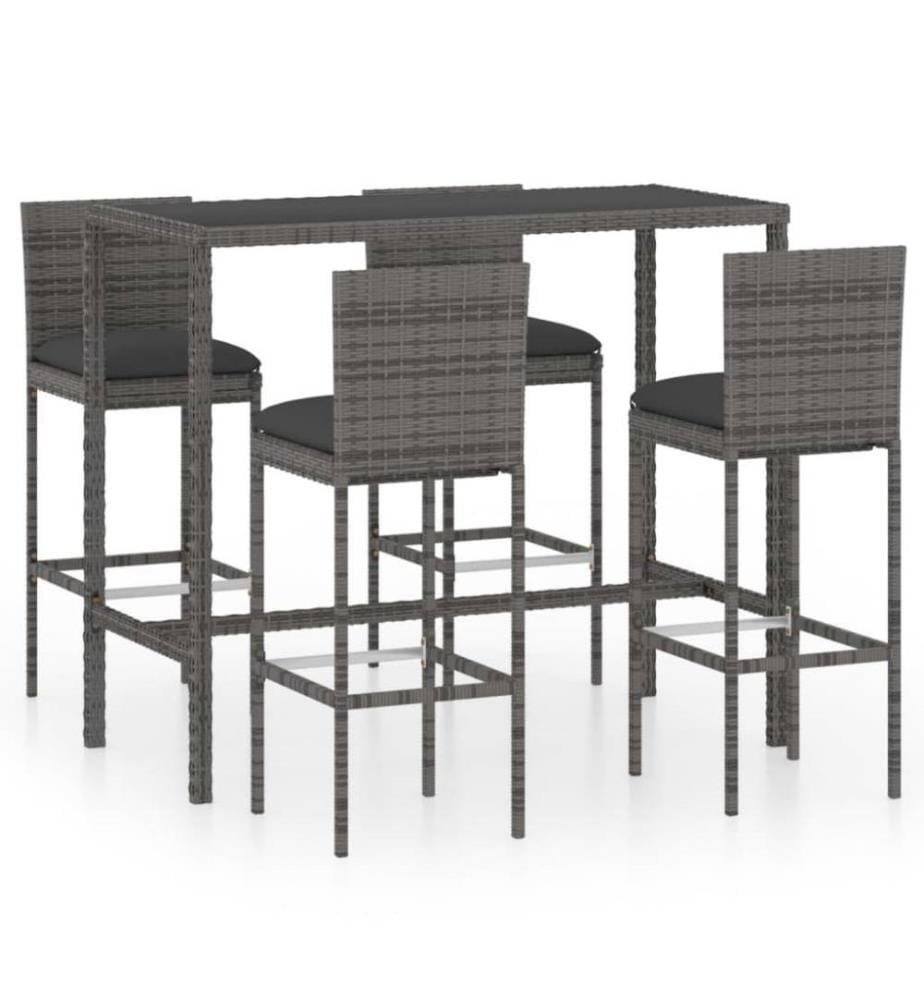 5-tlg. Gartenbar-Set mit Kissen Poly Rattan Grau
