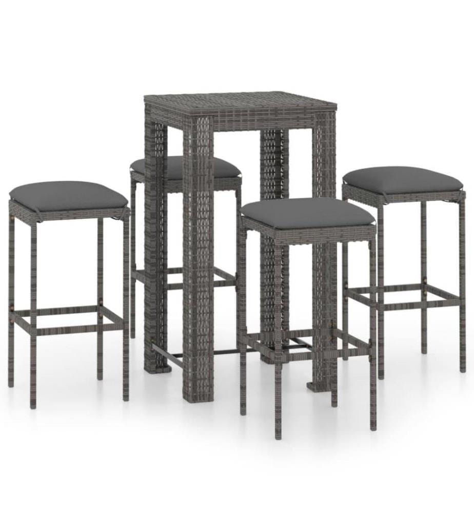 5-tlg. Gartenbar-Set mit Kissen Poly Rattan Grau