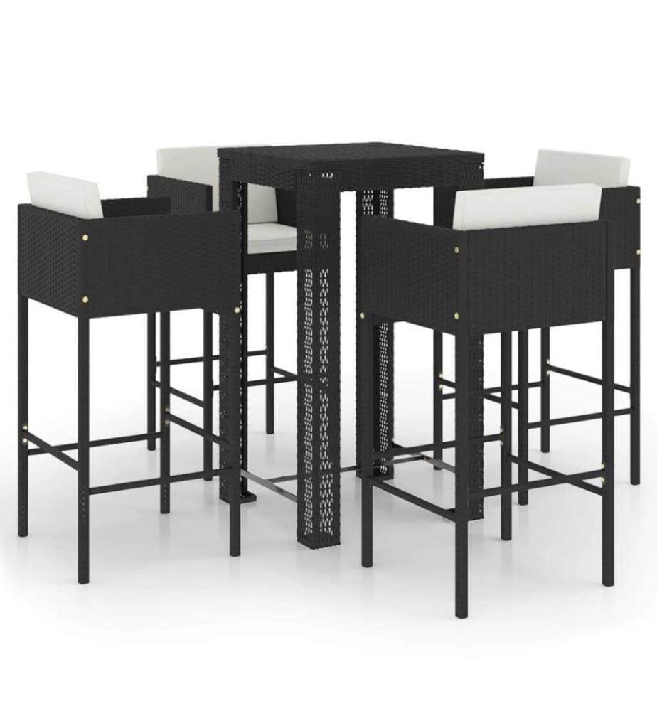 5-tlg. Gartenbar-Set mit Kissen Poly Rattan Schwarz