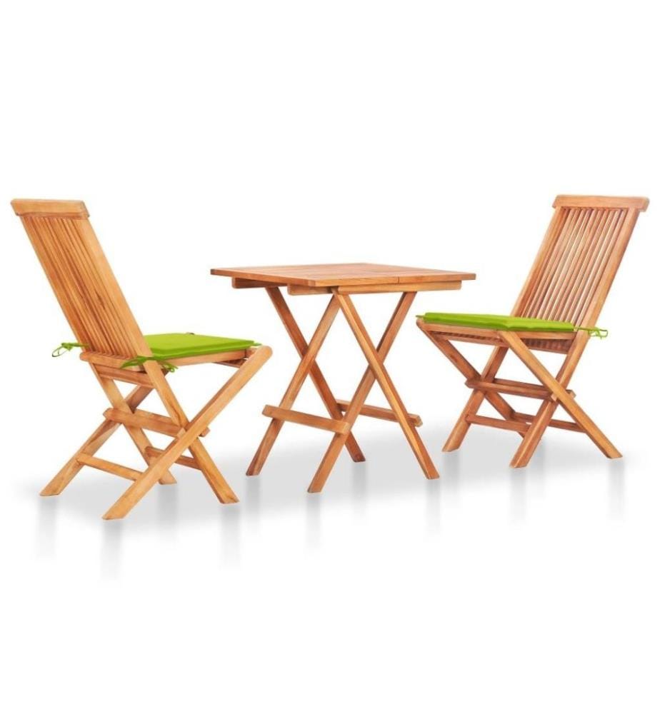 Ensemble de bistro 3 pcs avec coussins vert vif Bois de teck