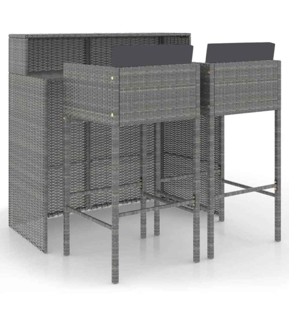 3-tlg. Gartenbar-Set mit Kissen Poly Rattan Grau