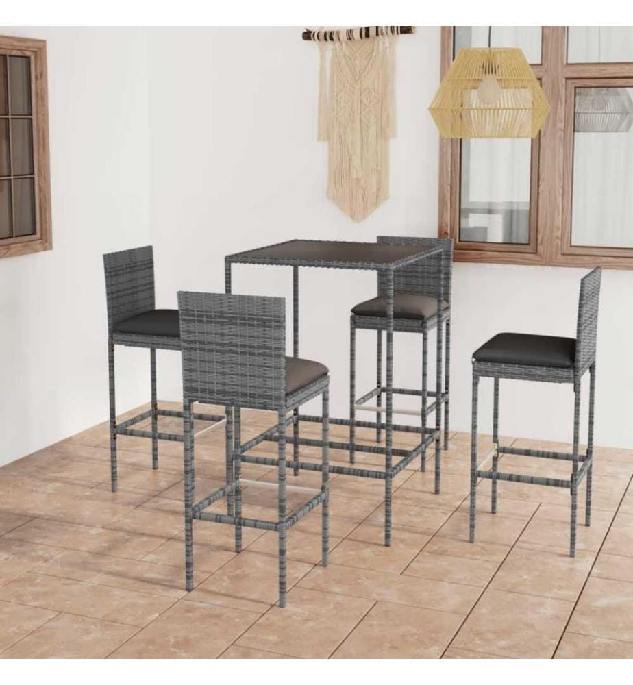 5-tlg. Gartenbar-Set mit Kissen Poly Rattan Grau