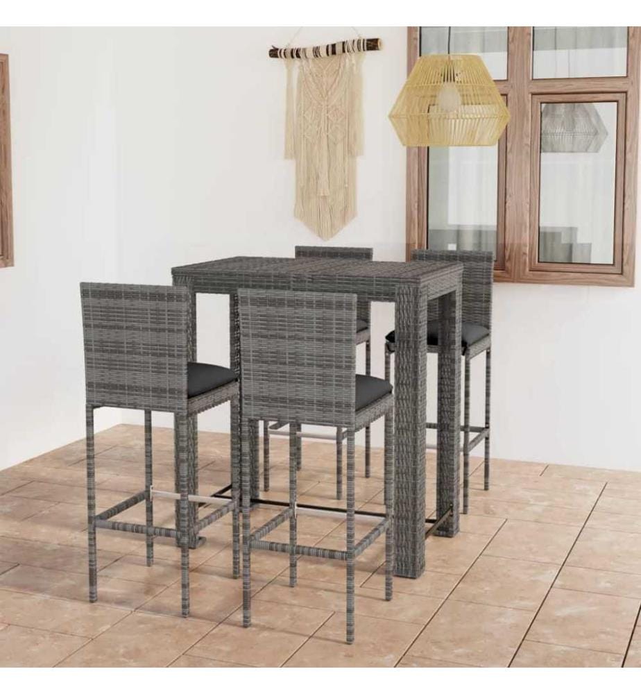 5-tlg. Gartenbar-Set mit Kissen Poly Rattan Grau