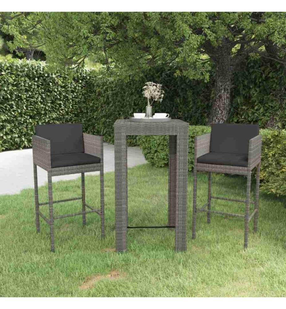3-tlg. Gartenbar-Set mit Kissen Poly Rattan Grau