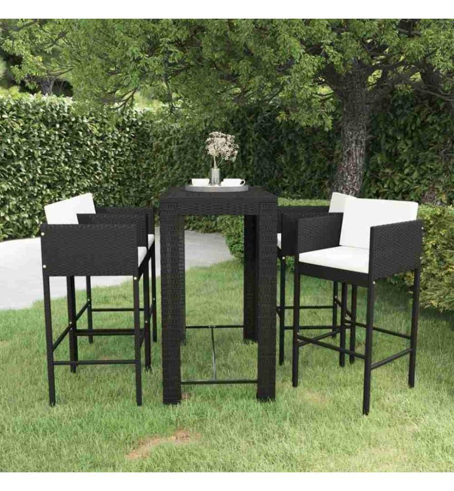 5-tlg. Gartenbar-Set mit Kissen Poly Rattan Schwarz