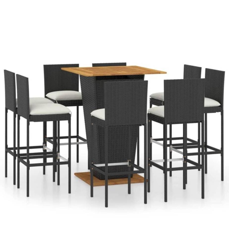 9-tlg. Gartenbar-Set mit Kissen Poly Rattan Schwarz