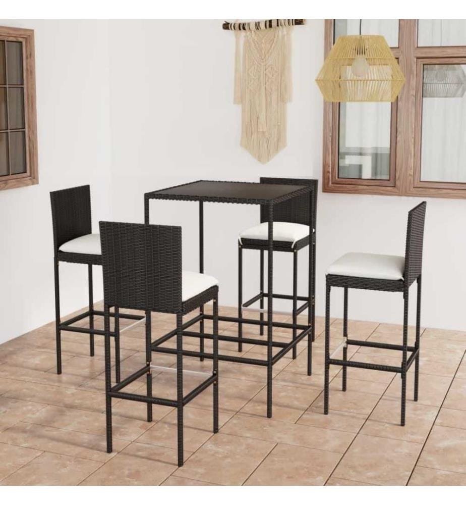 5-tlg. Gartenbar-Set mit Kissen Poly Rattan Schwarz