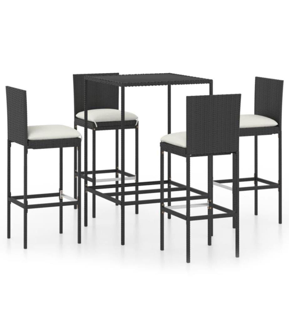 5-tlg. Gartenbar-Set mit Kissen Poly Rattan Schwarz