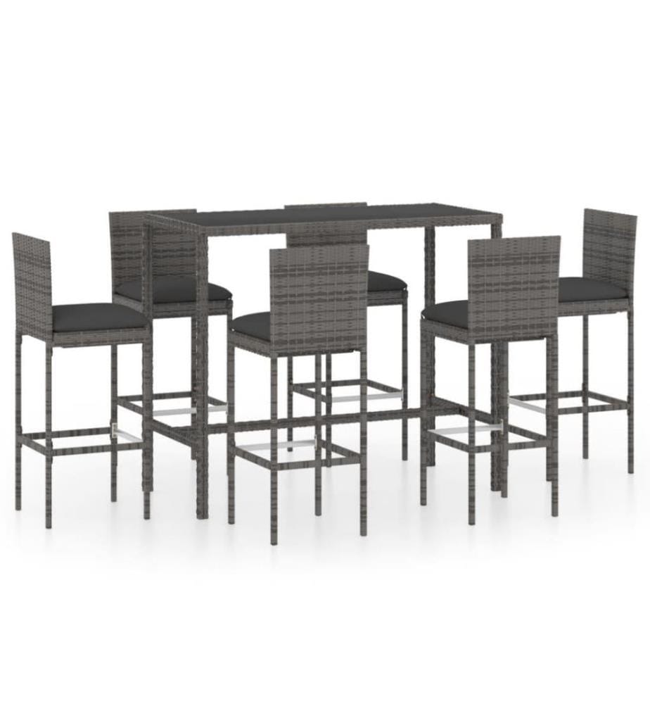 7-tlg. Gartenbar-Set mit Kissen Poly Rattan Grau