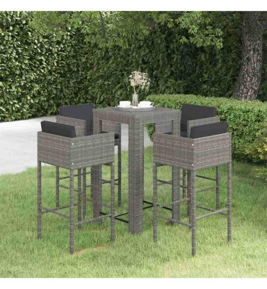 5-tlg. Gartenbar-Set mit Kissen Poly Rattan Grau