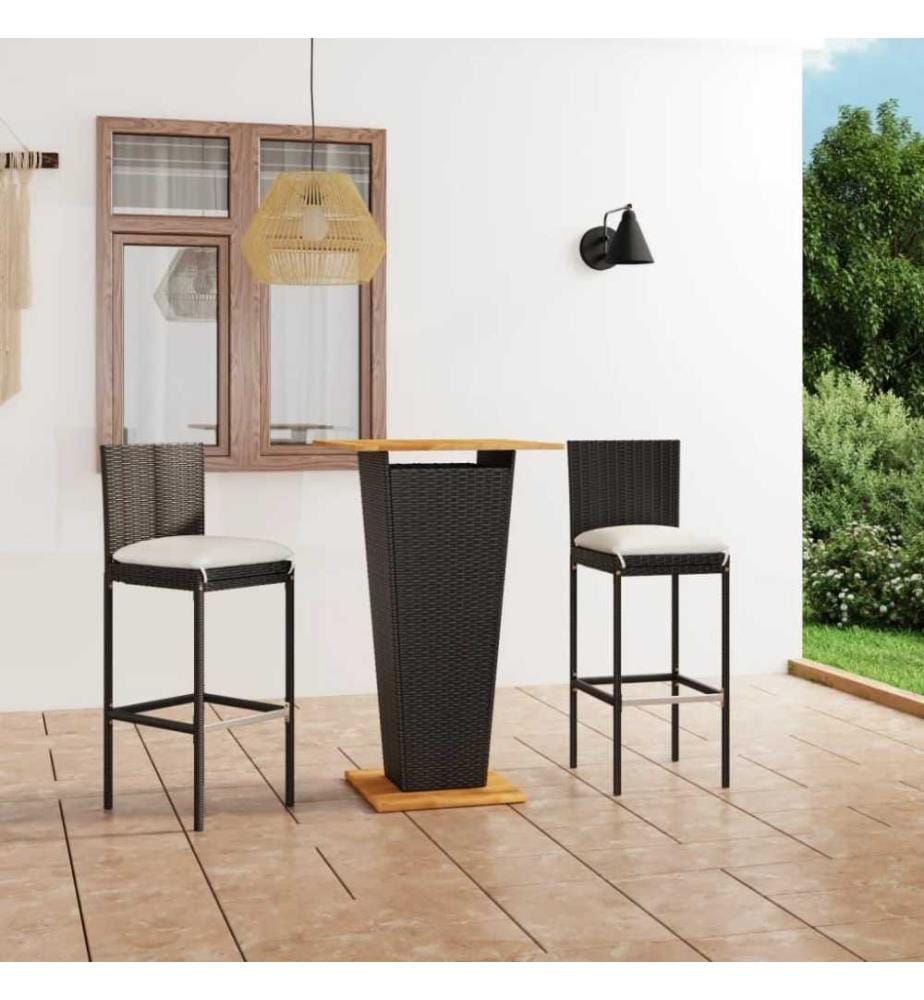 3-tlg. Gartenbar-Set mit Kissen Poly Rattan Schwarz