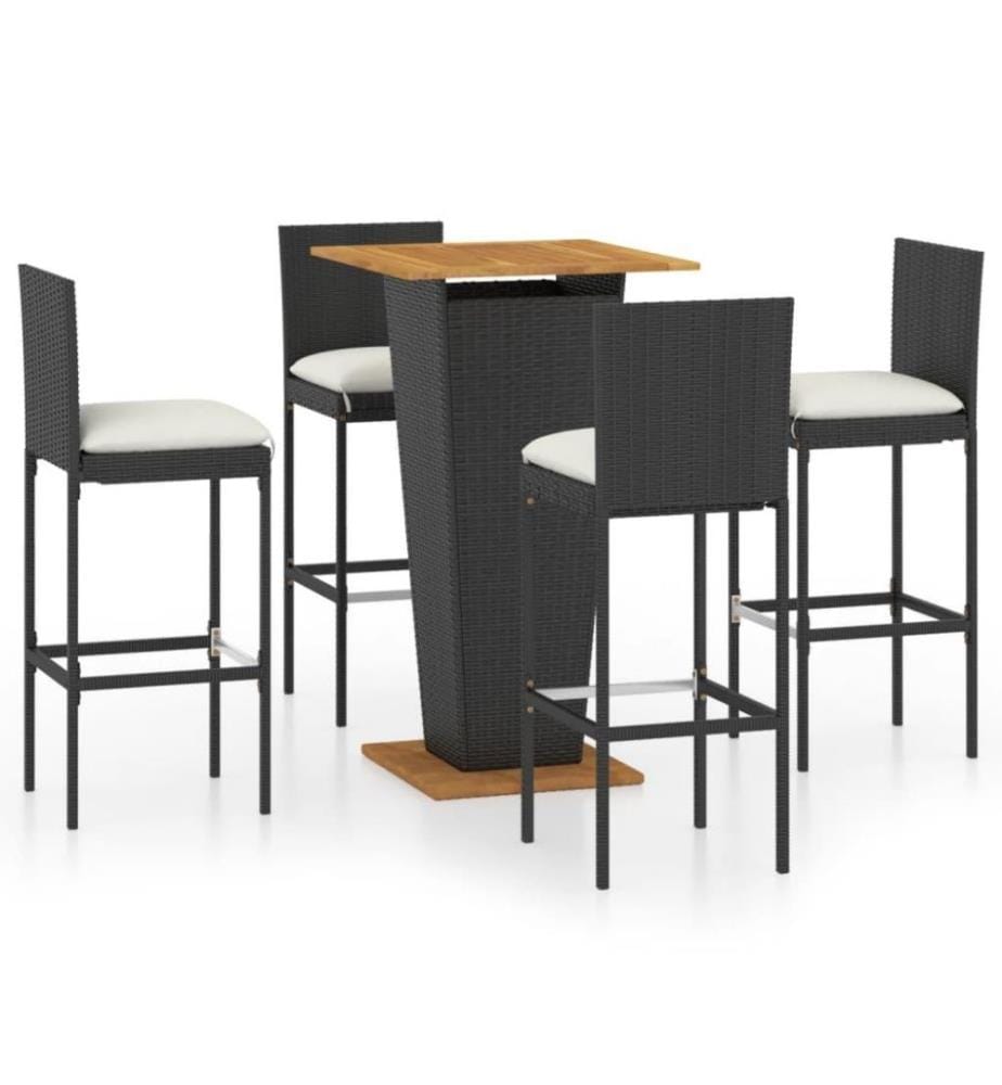 5-tlg. Gartenbar-Set mit Kissen Poly Rattan Schwarz