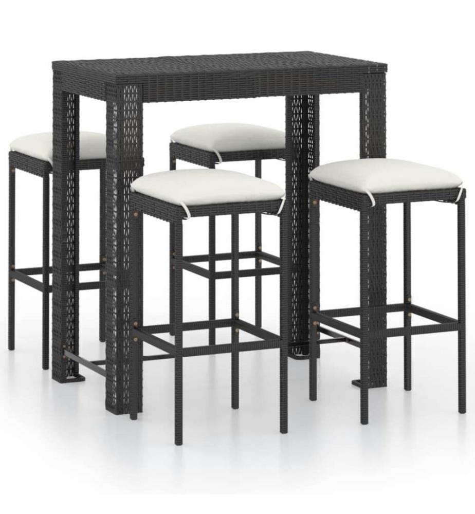 Ensemble de bar de jardin 5 pcs et coussins Résine tressée Noir