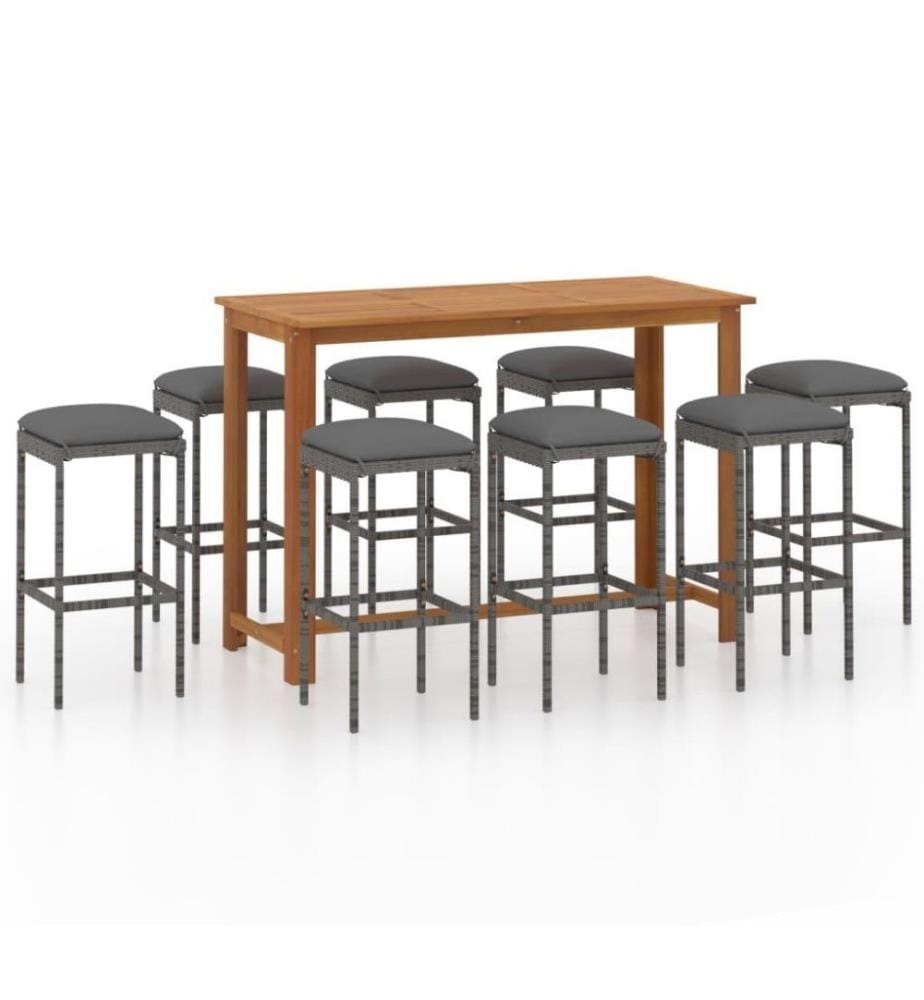 Ensemble de bar de jardin avec coussins 9 pcs Gris