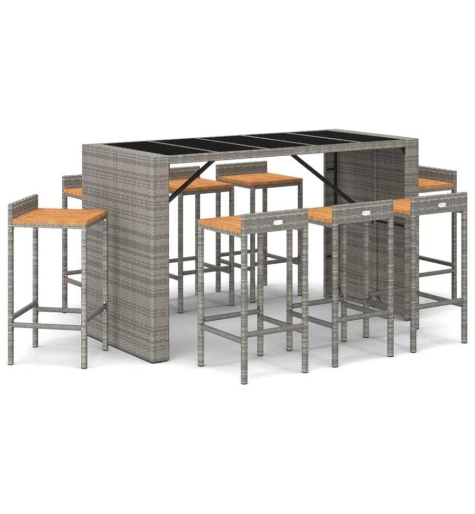 9-tlg. Gartenbar-Set Grau Poly Rattan & Massivholz Akazie