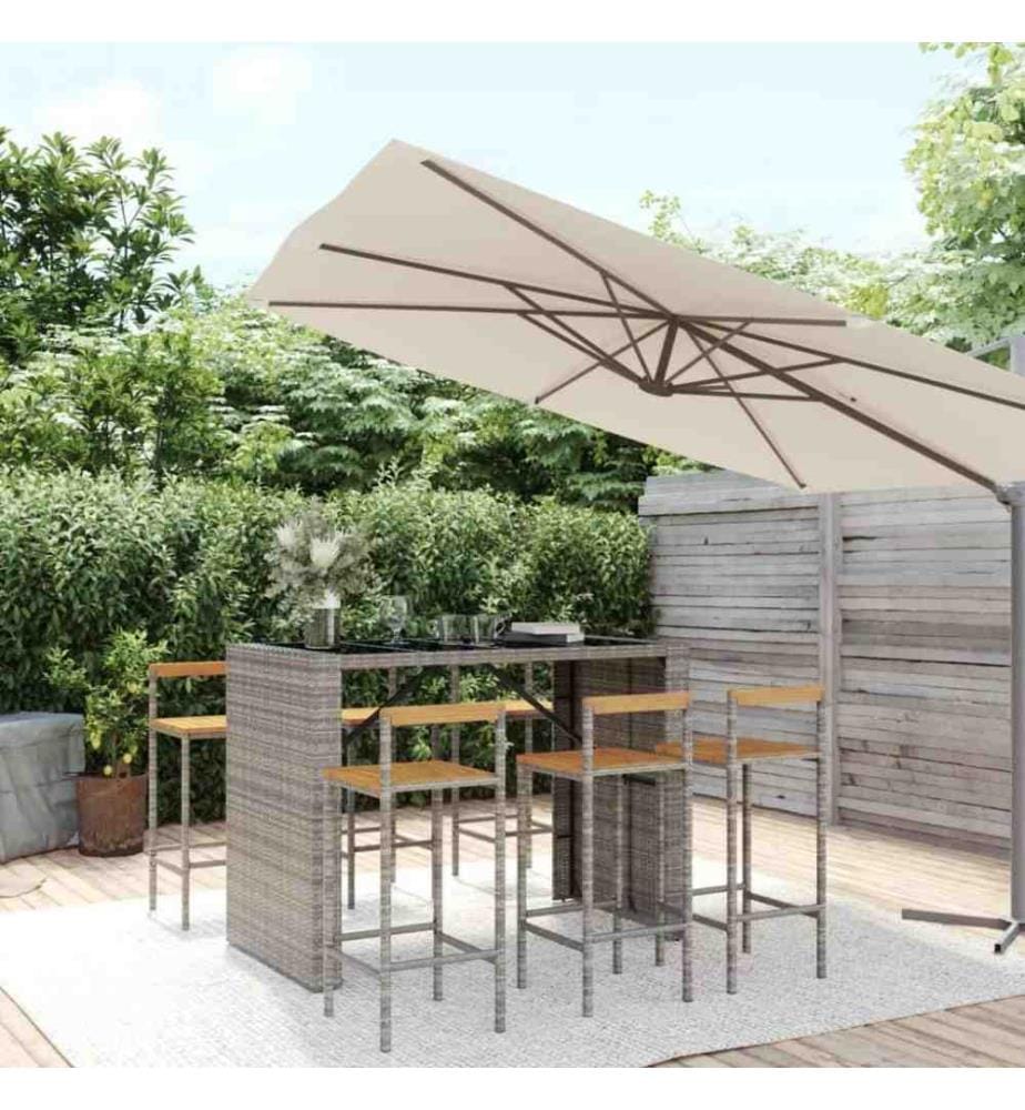 7-tlg. Gartenbar-Set Grau Poly Rattan & Massivholz Akazie