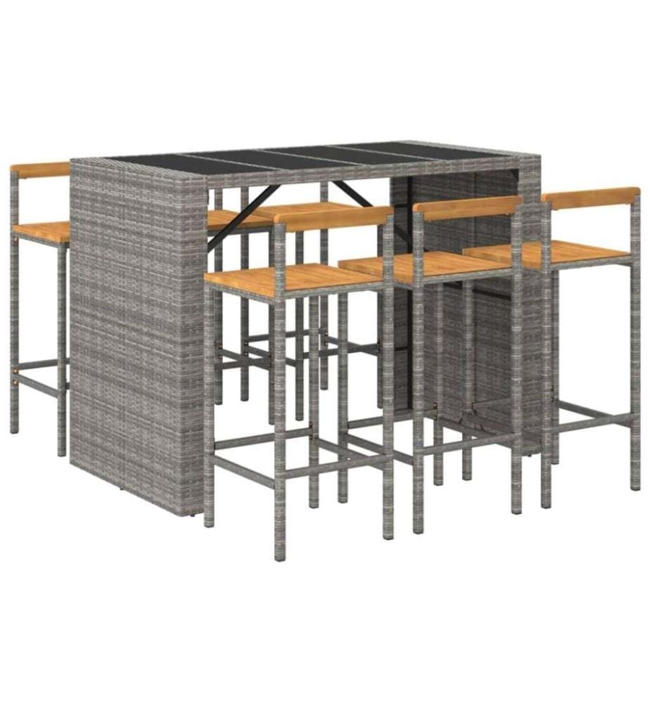 7-tlg. Gartenbar-Set Grau Poly Rattan & Massivholz Akazie