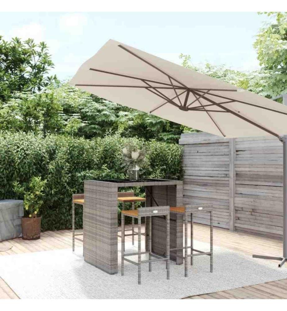 Ensemble de bar jardin 5 pcs gris poly rotin/bois massif acacia