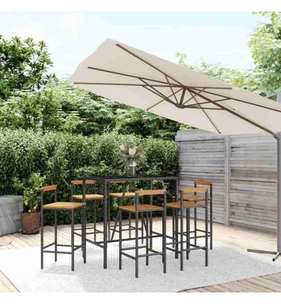 7-tlg. Gartenbar-Set Schwarz Poly Rattan & Massivholz Akazie