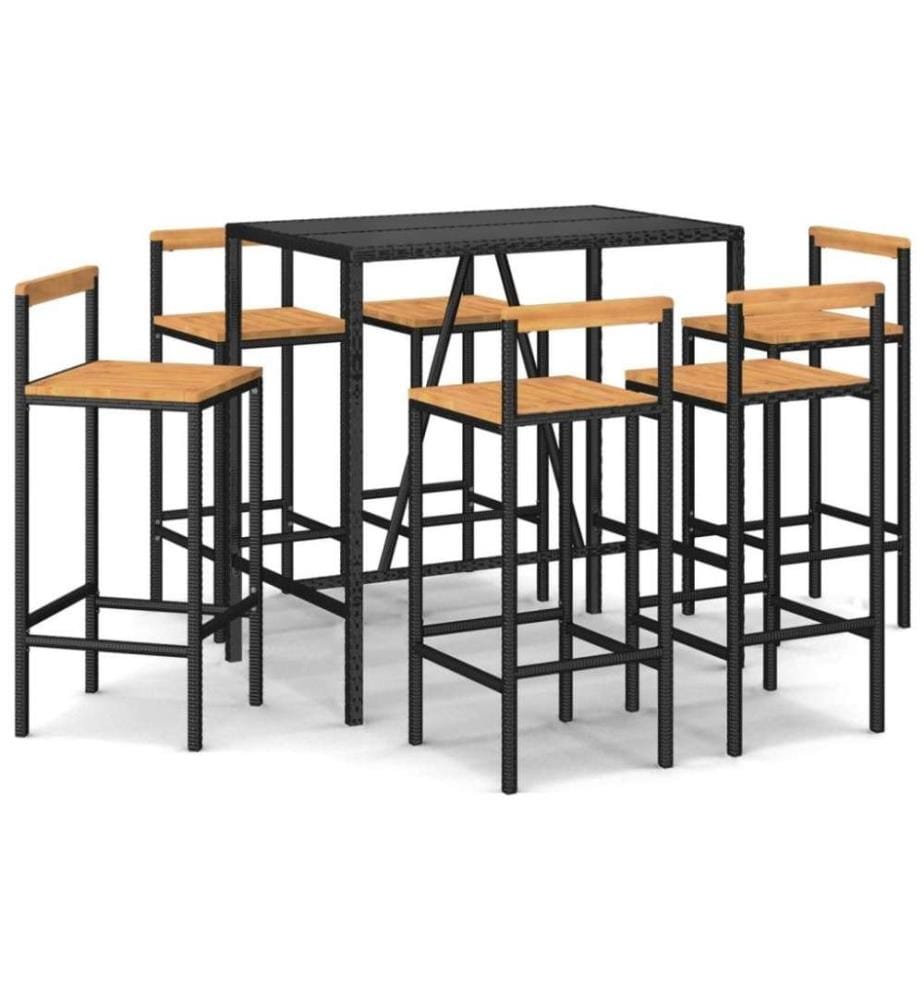 7-tlg. Gartenbar-Set Schwarz Poly Rattan & Massivholz Akazie