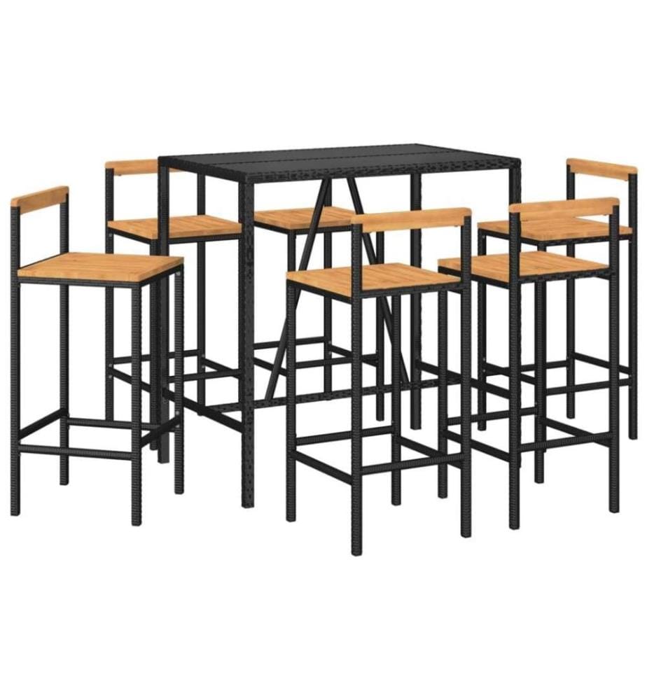 7-tlg. Gartenbar-Set Schwarz Poly Rattan & Massivholz Akazie